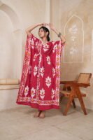 Women’s Red Floral Printed Long Kaftan Dress | Free Size | 52 Inch Length | Relaxed Fit