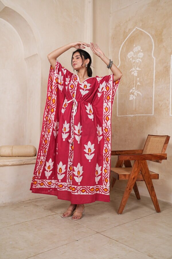 Women’s Red Floral Printed Long Kaftan Dress | Free Size | 52 Inch Length | Relaxed Fit