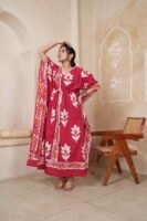 Women’s Red Floral Printed Long Kaftan Dress | Free Size | 52 Inch Length | Relaxed Fit