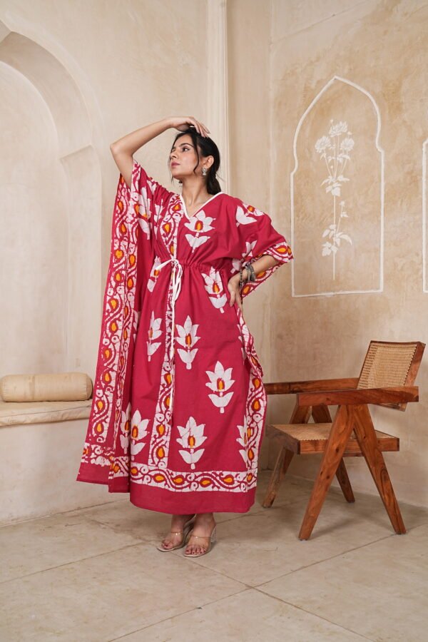 Women’s Red Floral Printed Long Kaftan Dress | Free Size | 52 Inch Length | Relaxed Fit