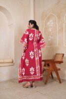 Women’s Red Floral Printed Long Kaftan Dress | Free Size | 52 Inch Length | Relaxed Fit