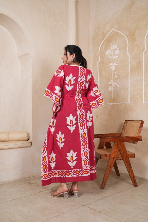 Women’s Red Floral Printed Long Kaftan Dress | Free Size | 52 Inch Length | Relaxed Fit