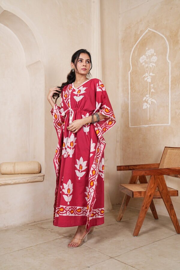 Women’s Red Floral Printed Long Kaftan Dress | Free Size | 52 Inch Length | Relaxed Fit