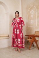 Women’s Red Floral Printed Long Kaftan Dress | Free Size | 52 Inch Length | Relaxed Fit