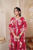 Women’s Red Floral Printed Long Kaftan Dress | Free Size | 52 Inch Length | Relaxed Fit