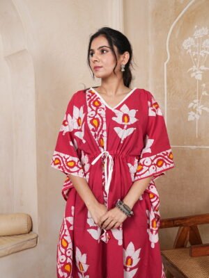 Women’s Red Floral Printed Long Kaftan Dress | Free Size | 52 Inch Length | Relaxed Fit
