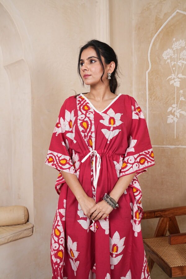 Women’s Red Floral Printed Long Kaftan Dress | Free Size | 52 Inch Length | Relaxed Fit