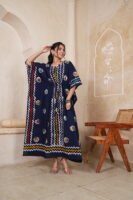 Women’s Navy Blue Printed Long Kaftan Dress | Free Size | 52 Inch Length | Relaxed Fit
