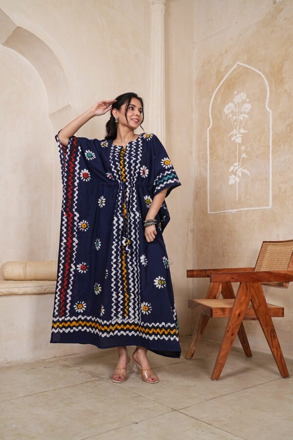 Women’s Navy Blue Printed Long Kaftan Dress | Free Size | 52 Inch Length | Relaxed Fit