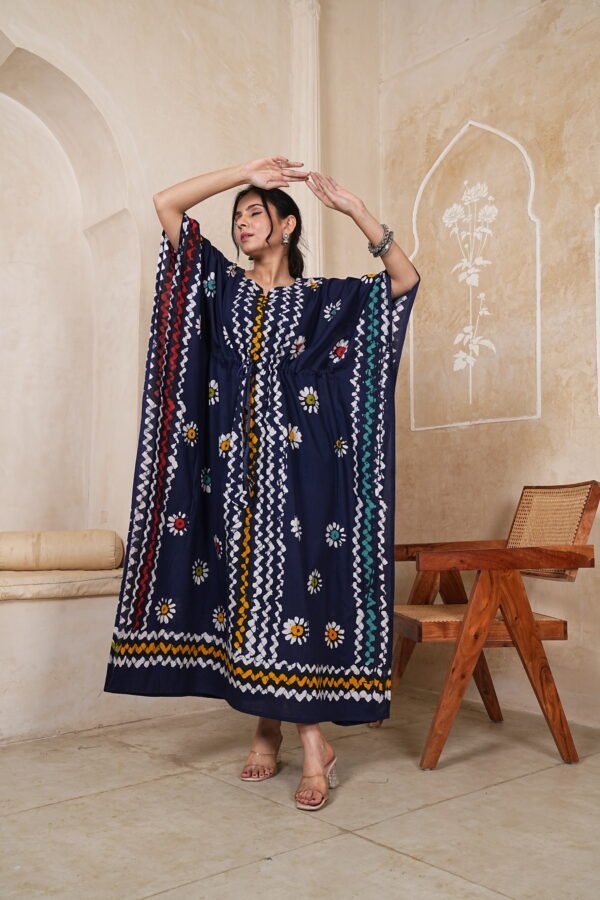 Women’s Navy Blue Printed Long Kaftan Dress | Free Size | 52 Inch Length | Relaxed Fit