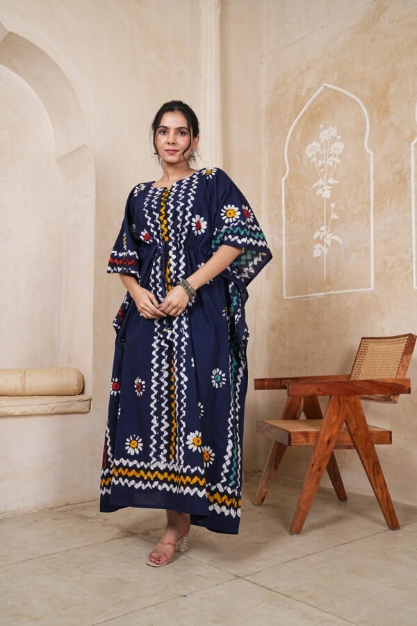 Women’s Navy Blue Printed Long Kaftan Dress | Free Size | 52 Inch Length | Relaxed Fit