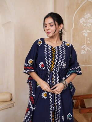 Women’s Navy Blue Printed Long Kaftan Dress | Free Size | 52 Inch Length | Relaxed Fit