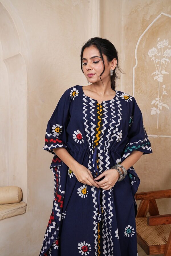 Women’s Navy Blue Printed Long Kaftan Dress | Free Size | 52 Inch Length | Relaxed Fit