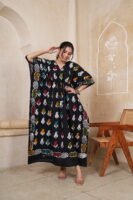 Women’s Black Multicolor Printed Long Kaftan Dress | Free Size | 52 Inch Length | Relaxed Fit