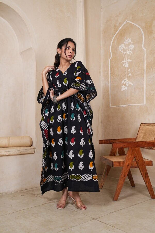 Women’s Black Multicolor Printed Long Kaftan Dress | Free Size | 52 Inch Length | Relaxed Fit