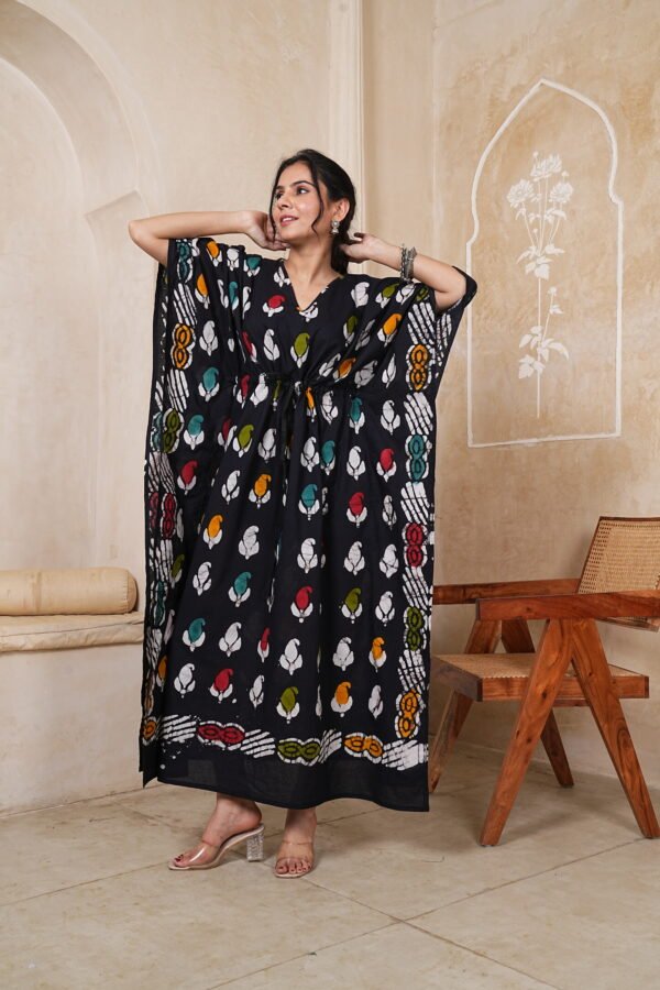 Women’s Black Multicolor Printed Long Kaftan Dress | Free Size | 52 Inch Length | Relaxed Fit
