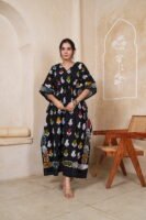 Women’s Black Multicolor Printed Long Kaftan Dress | Free Size | 52 Inch Length | Relaxed Fit