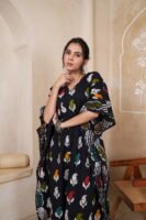 Women’s Black Multicolor Printed Long Kaftan Dress | Free Size | 52 Inch Length | Relaxed Fit