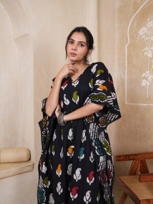 Women’s Black Multicolor Printed Long Kaftan Dress | Free Size | 52 Inch Length | Relaxed Fit