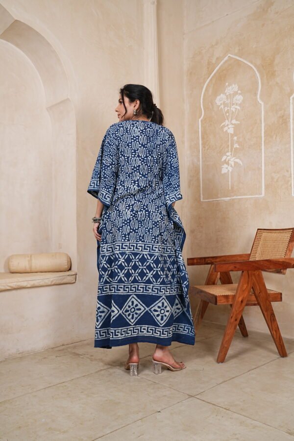 Women’s Indigo Blue Printed Long Kaftan Dress | Free Size | 52 Inch Length | Relaxed Fit