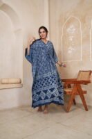 Women’s Indigo Blue Printed Long Kaftan Dress | Free Size | 52 Inch Length | Relaxed Fit