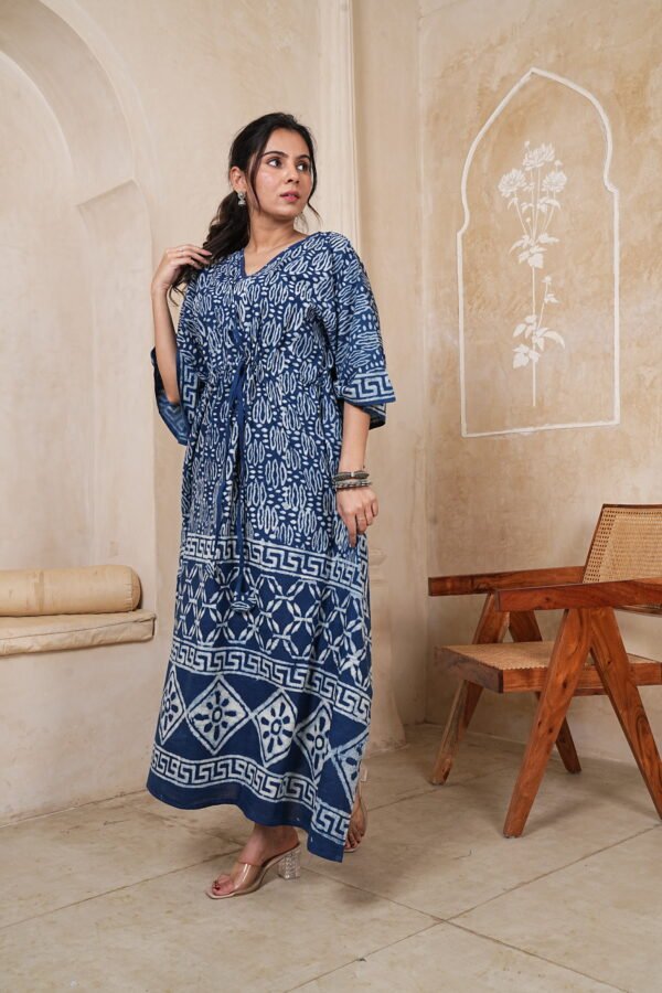 Women’s Indigo Blue Printed Long Kaftan Dress | Free Size | 52 Inch Length | Relaxed Fit