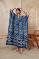 Women’s Indigo Blue Printed Long Kaftan Dress | Free Size | 52 Inch Length | Relaxed Fit