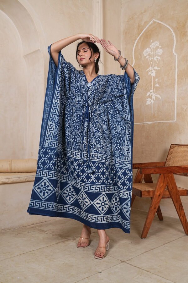 Women’s Indigo Blue Printed Long Kaftan Dress | Free Size | 52 Inch Length | Relaxed Fit