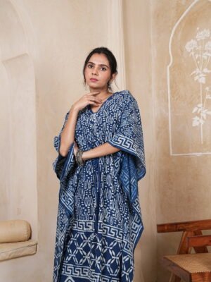 Women’s Indigo Blue Printed Long Kaftan Dress | Free Size | 52 Inch Length | Relaxed Fit