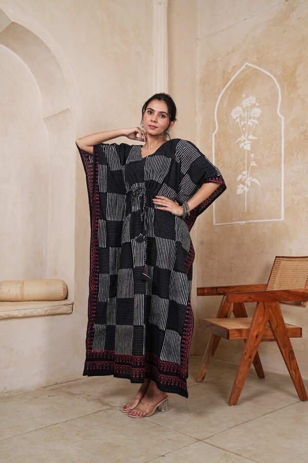 Women’s Black Striped Printed Long Kaftan Dress | Free Size | 52 Inch Length | Relaxed Fit