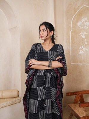 Women’s Black Striped Printed Long Kaftan Dress | Free Size | 52 Inch Length | Relaxed Fit