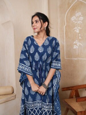 Women’s Blue Leaf Printed Long Kaftan Dress | Free Size | 52 Inch Length | Relaxed Fit