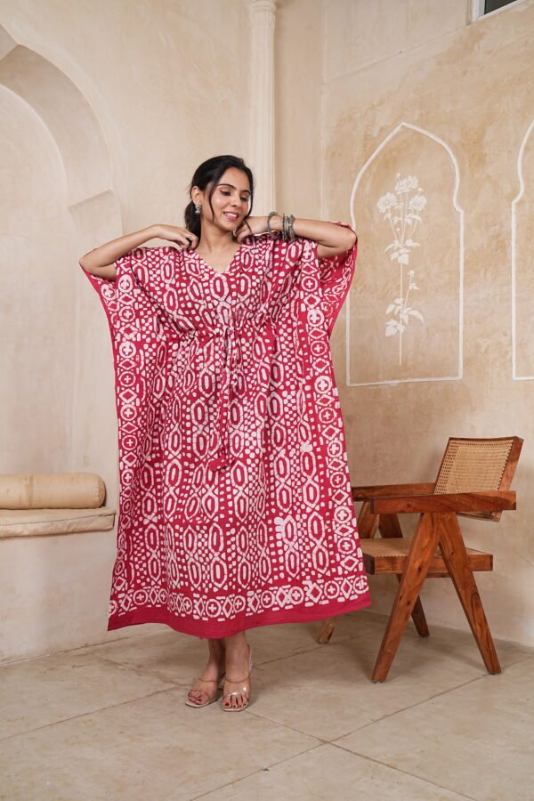 Women’s Red Geometric Printed Long Kaftan Dress | Free Size | 52 Inch Length | Relaxed Fit