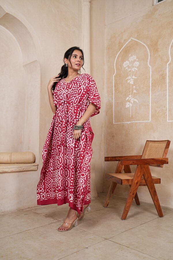 Women’s Red Geometric Printed Long Kaftan Dress | Free Size | 52 Inch Length | Relaxed Fit