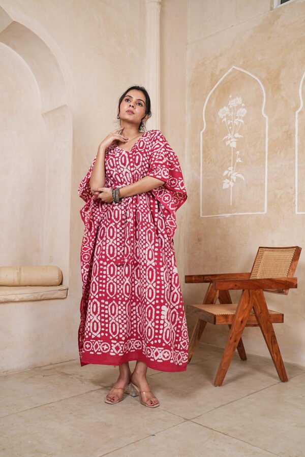 Women’s Red Geometric Printed Long Kaftan Dress | Free Size | 52 Inch Length | Relaxed Fit