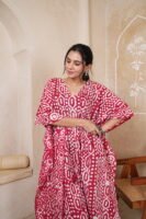Women’s Red Geometric Printed Long Kaftan Dress | Free Size | 52 Inch Length | Relaxed Fit