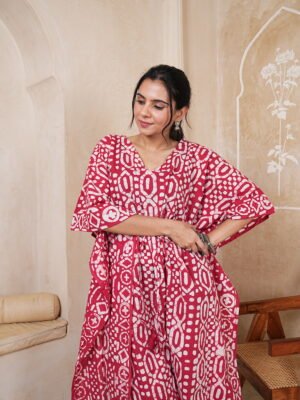 Women’s Red Geometric Printed Long Kaftan Dress | Free Size | 52 Inch Length | Relaxed Fit