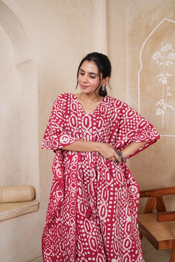 Women’s Red Geometric Printed Long Kaftan Dress | Free Size | 52 Inch Length | Relaxed Fit