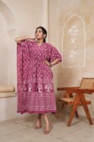 Women’s Dusty Rose Printed Long Kaftan Dress | Free Size | 52 Inch Length | Relaxed Fit