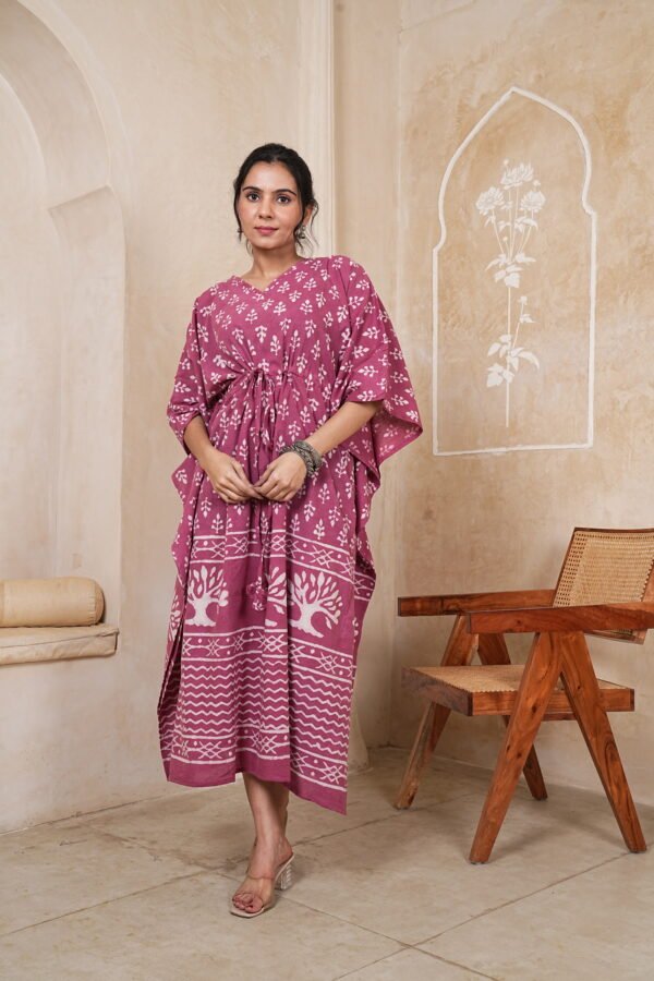 Women’s Dusty Rose Printed Long Kaftan Dress | Free Size | 52 Inch Length | Relaxed Fit
