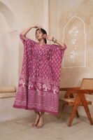Women’s Dusty Rose Printed Long Kaftan Dress | Free Size | 52 Inch Length | Relaxed Fit