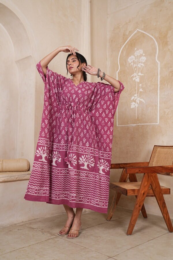 Women’s Dusty Rose Printed Long Kaftan Dress | Free Size | 52 Inch Length | Relaxed Fit