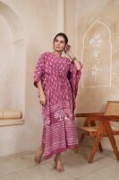 Women’s Dusty Rose Printed Long Kaftan Dress | Free Size | 52 Inch Length | Relaxed Fit