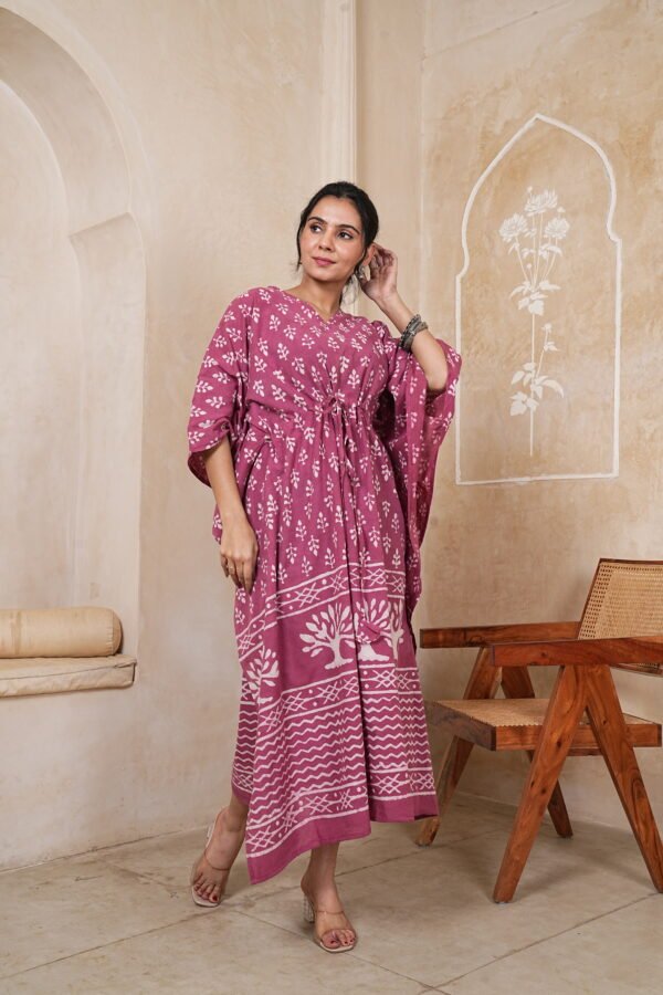 Women’s Dusty Rose Printed Long Kaftan Dress | Free Size | 52 Inch Length | Relaxed Fit