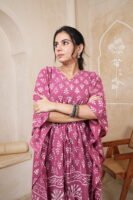 Women’s Dusty Rose Printed Long Kaftan Dress | Free Size | 52 Inch Length | Relaxed Fit