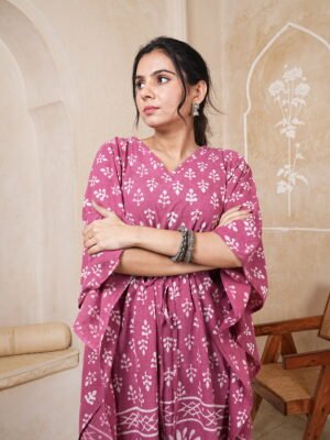 Women’s Dusty Rose Printed Long Kaftan Dress | Free Size | 52 Inch Length | Relaxed Fit