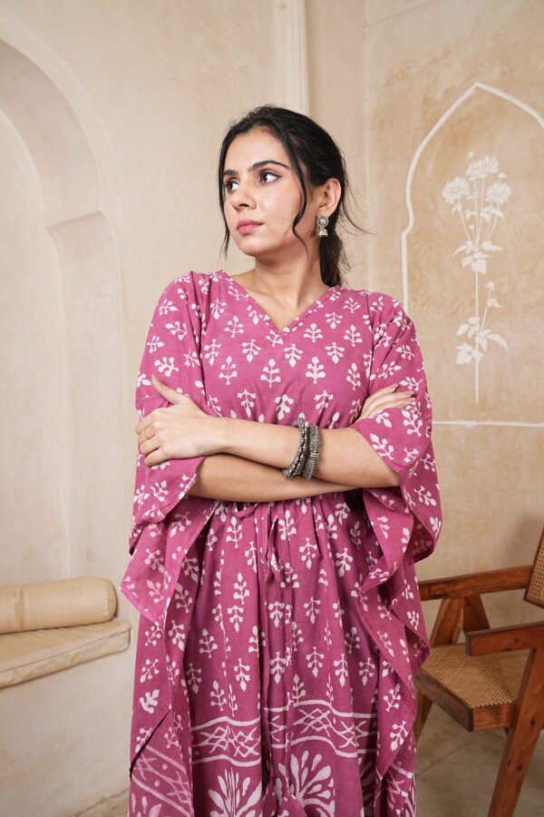 Women’s Dusty Rose Printed Long Kaftan Dress | Free Size | 52 Inch Length | Relaxed Fit