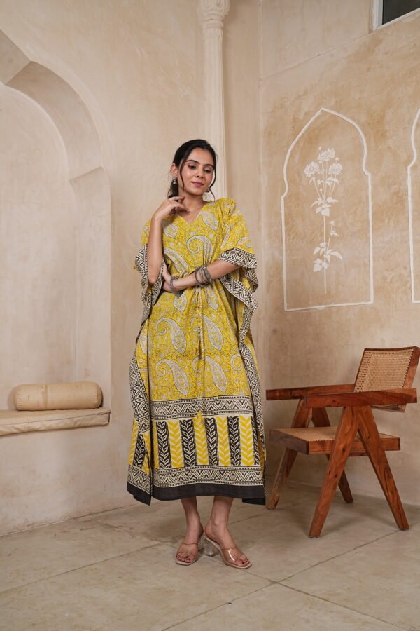 Women’s Yellow Paisley Printed Long Kaftan Dress | Free Size | 52 Inch Length | Relaxed Fit