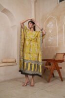 Women’s Yellow Paisley Printed Long Kaftan Dress | Free Size | 52 Inch Length | Relaxed Fit