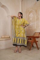 Women’s Yellow Paisley Printed Long Kaftan Dress | Free Size | 52 Inch Length | Relaxed Fit